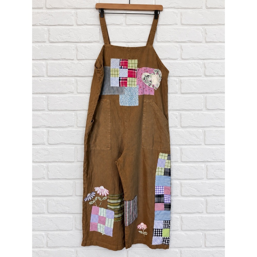 Custom Upcycled Brown Vintage Quilt Patchwork Linen Blend Overalls Wide Leg M